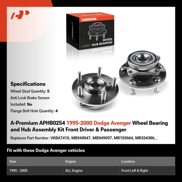 A-Premium APHB0254 1995-2000 Dodge Avenger Wheel Bearing and Hub Assembly Kit Front Driver & Passenger