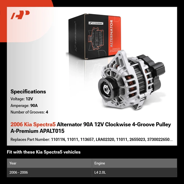 2006 Kia Spectra5 Alternator 90A 12V Clockwise 4-Groove Pulley A-Premium APALT015