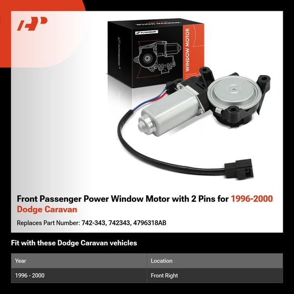 Front Passenger Power Window Motor with 2 Pins for 1996-2000 Dodge Caravan
