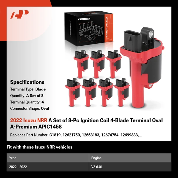 2022 Isuzu NRR A Set of 8-Pc Ignition Coil 4-Blade Terminal Oval A-Premium APIC1458