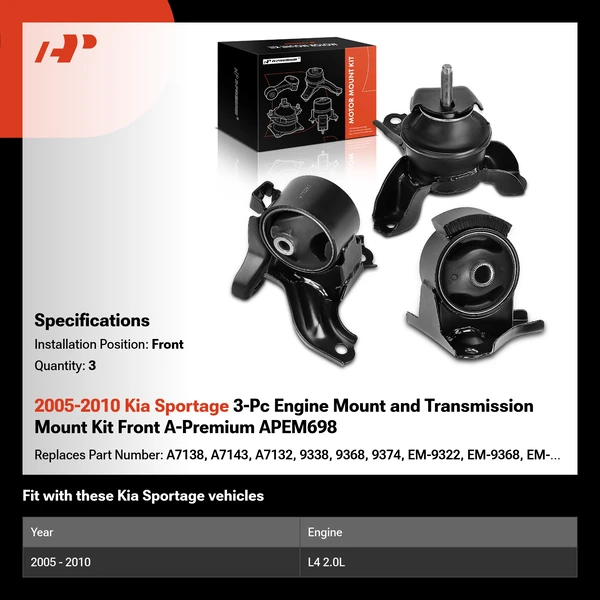 2005-2010 Kia Sportage 3-Pc Engine Mount and Transmission Mount Kit Front A-Premium APEM698
