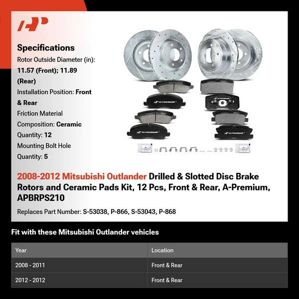 2008-2012 Mitsubishi Outlander Drilled & Slotted Disc Brake Rotors and Ceramic Pads Kit, 12 Pcs, Front & Rear, A-Premium, APBRPS210