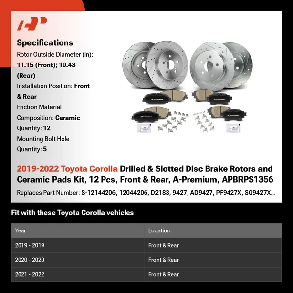 2019-2022 Toyota Corolla Drilled & Slotted Disc Brake Rotors and Ceramic Pads Kit, 12 Pcs, Front & Rear, A-Premium, APBRPS1356