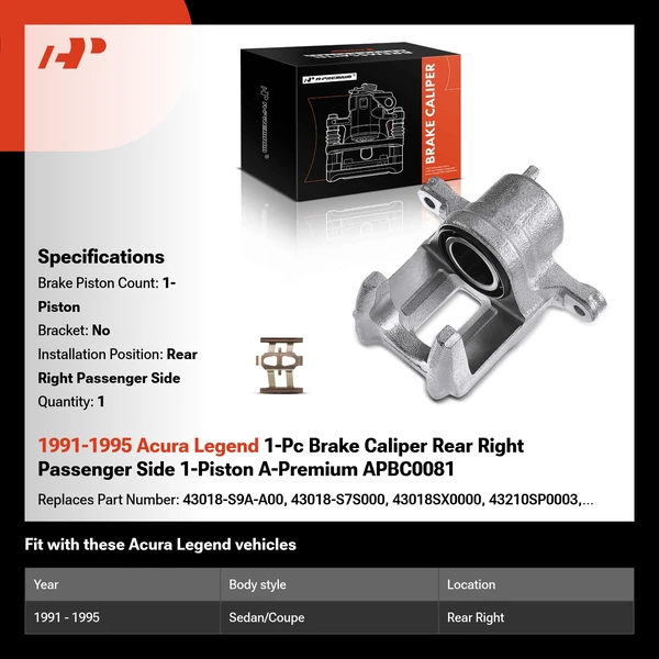 1991-1995 Acura Legend 1-Pc Brake Caliper Rear Right Passenger Side 1-Piston A-Premium APBC0081
