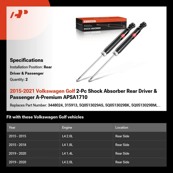 2015-2021 Volkswagen Golf 2-Pc Shock Absorber Rear Driver & Passenger A-Premium APSA1710