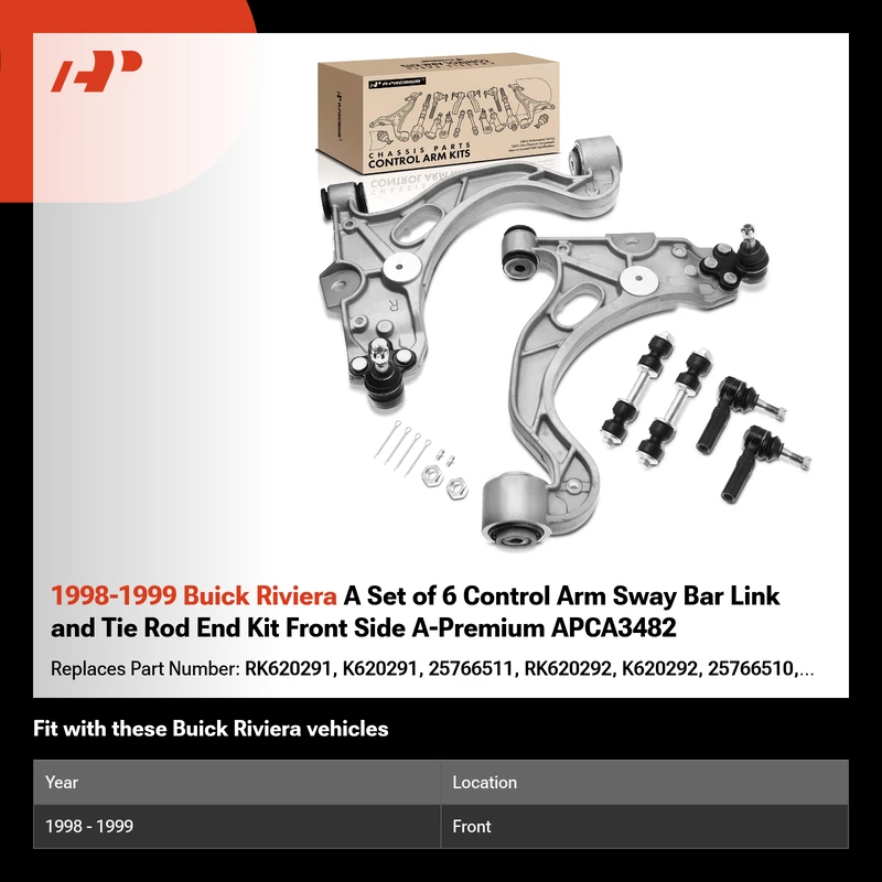 1998-1999 Buick Riviera A Set of 6 Control Arm Sway Bar Link and Tie Rod End Kit Front Side A-Premium APCA3482
