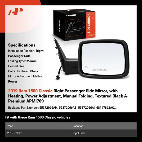 2019 Ram 1500 Classic Right Passenger Side Mirror, with Heating, Power Adjustment, Manual Folding, Textured Black A-Premium APMI709