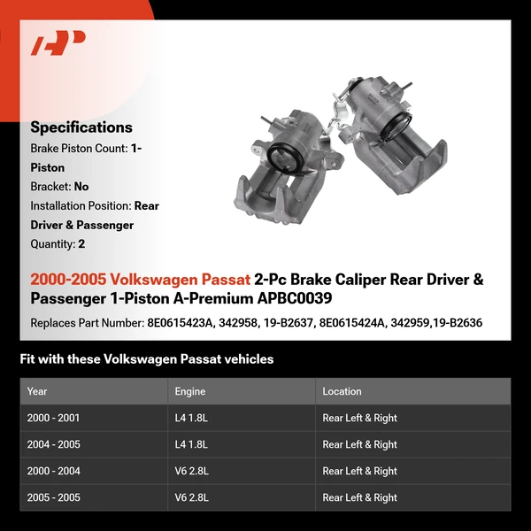 2000-2005 Volkswagen Passat 2-Pc Brake Caliper Rear Driver & Passenger 1-Piston A-Premium APBC0039