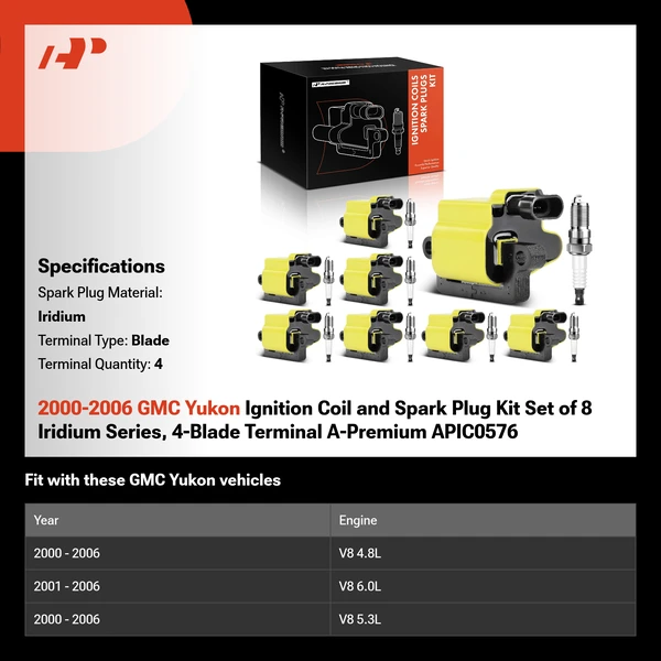 2000-2006 GMC Yukon Ignition Coil and Spark Plug Kit Set of 8 Iridium Series, 4-Blade Terminal A-Premium APIC0576