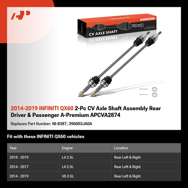 2014-2019 INFINITI QX60 2-Pc CV Axle Shaft Assembly Rear Driver & Passenger A-Premium APCVA2874