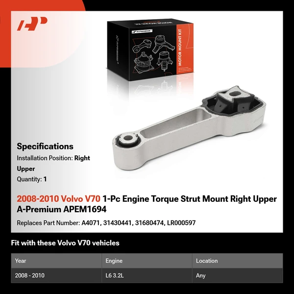 2008-2010 Volvo V70 1-Pc Engine Torque Strut Mount Right Upper A-Premium APEM1694