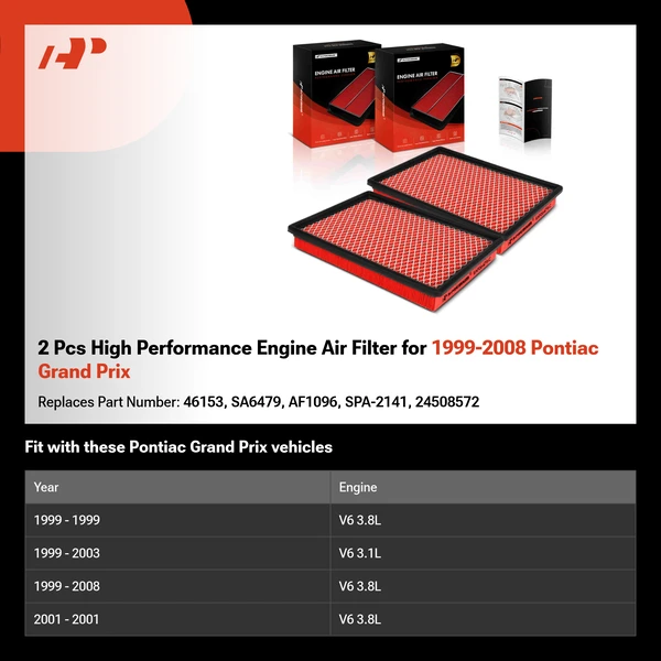 2 Pcs High Performance Engine Air Filter for 1999-2008 Pontiac Grand Prix