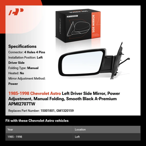1985-1998 Chevrolet Astro Left Driver Side Mirror, Power Adjustment, Manual Folding, Smooth Black A-Premium APMI2707TW