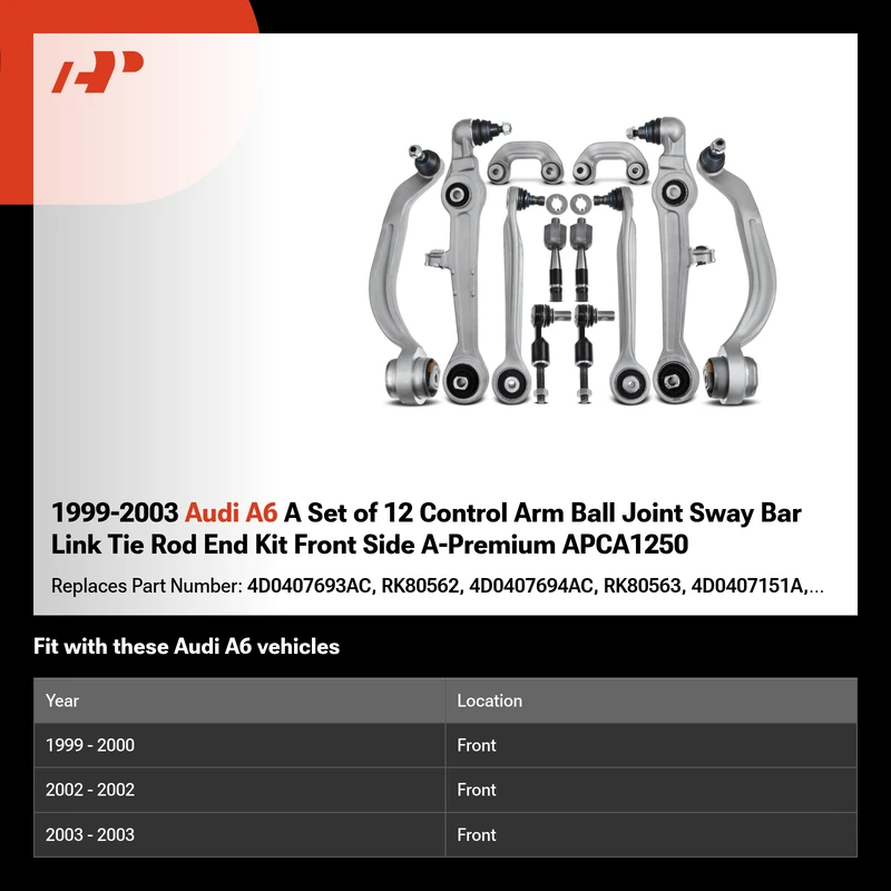 1999-2003 Audi A6 A Set of 12 Control Arm Ball Joint Sway Bar Link Tie Rod End Kit Front Side A-Premium APCA1250
