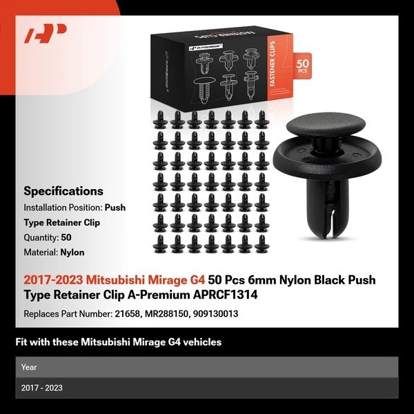 2017-2023 Mitsubishi Mirage G4 50 Pcs 6mm Nylon Black Push Type Retainer Clip A-Premium APRCF1314