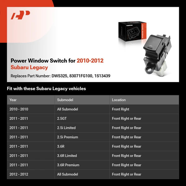 Power Window Switch for 2010-2012 Subaru Legacy