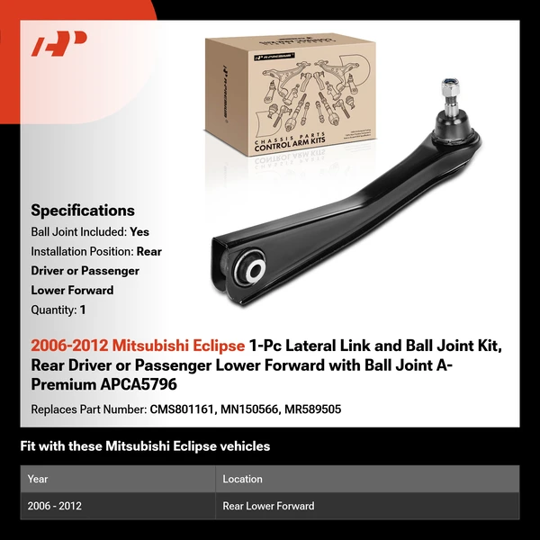 2006-2012 Mitsubishi Eclipse 1-Pc Lateral Link and Ball Joint Kit, Rear Driver or Passenger Lower Forward with Ball Joint A-Premium APCA5796