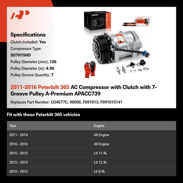 2011-2016 Peterbilt 365 AC Compressor with Clutch with 7-Groove Pulley A-Premium APACC739