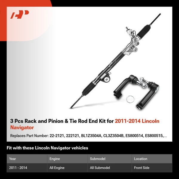 3 Pcs Rack and Pinion & Tie Rod End Kit for 2011-2014 Lincoln Navigator