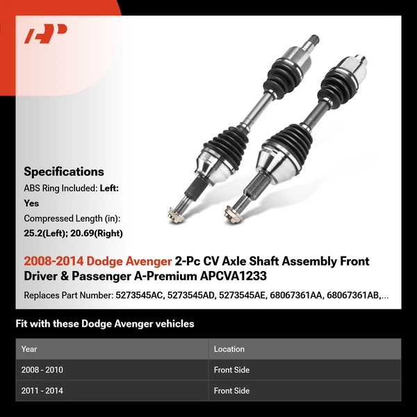 2008-2014 Dodge Avenger 2-Pc CV Axle Shaft Assembly Front Driver & Passenger A-Premium APCVA1233