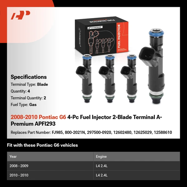 2008-2010 Pontiac G6 4-Pc Fuel Injector 2-Blade Terminal A-Premium APFI293