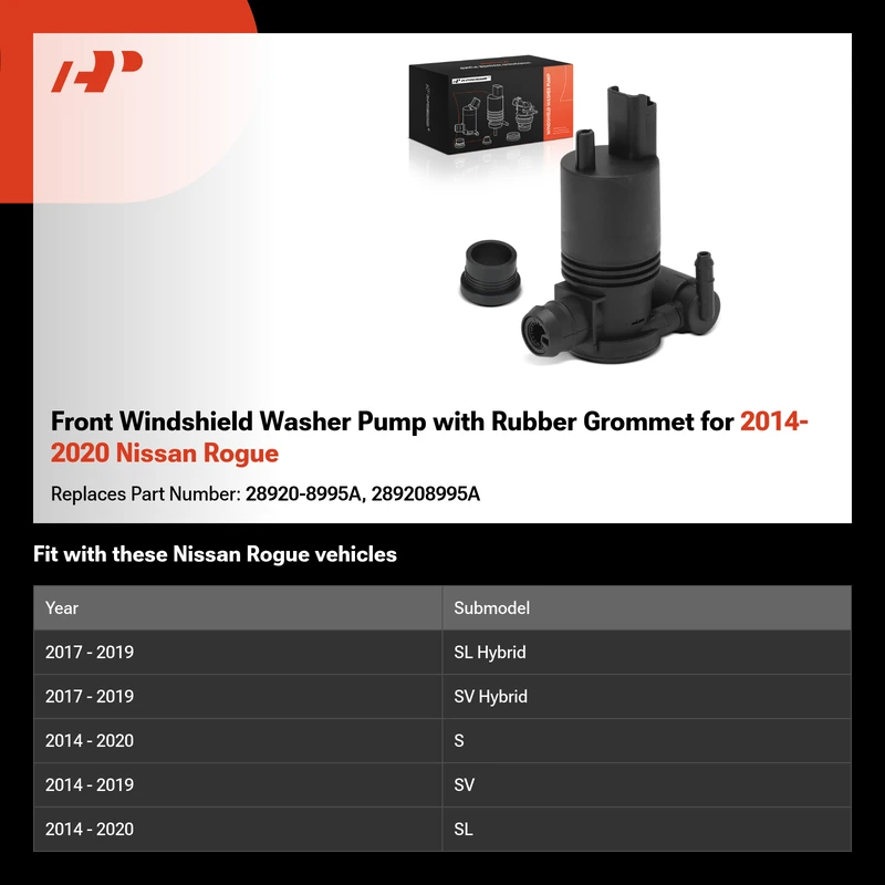 Front Windshield Washer Pump with Rubber Grommet for 2014-2020 Nissan Rogue