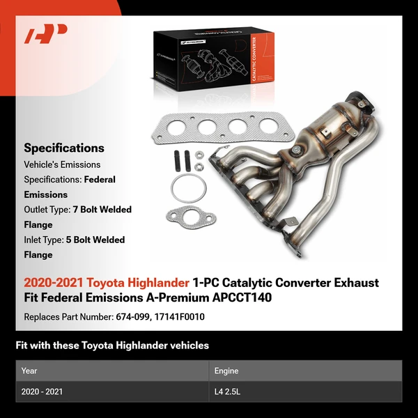 2020-2021 Toyota Highlander 1-PC Catalytic Converter Exhaust Fit Federal Emissions A-Premium APCCT140