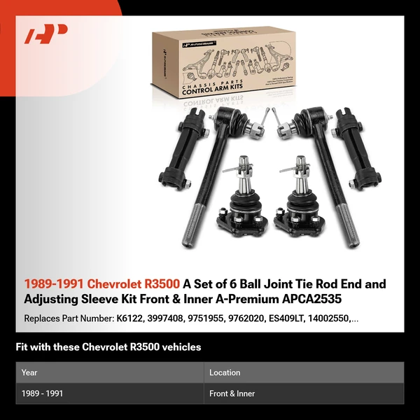 1989-1991 Chevrolet R3500 A Set of 6 Ball Joint Tie Rod End and Adjusting Sleeve Kit Front & Inner A-Premium APCA2535