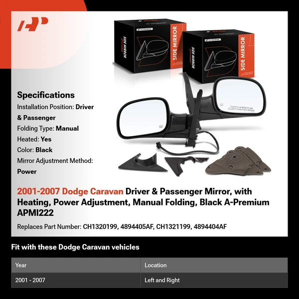 2001-2007 Dodge Caravan Driver & Passenger Mirror, with Heating, Power Adjustment, Manual Folding, Black A-Premium APMI222