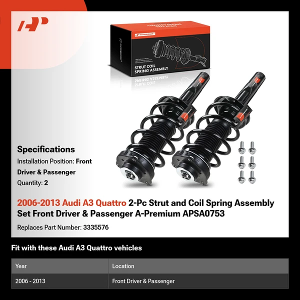 2006-2013 Audi A3 Quattro 2-Pc Strut and Coil Spring Assembly Set Front Driver & Passenger A-Premium APSA0753
