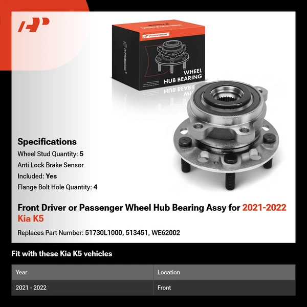 Front Driver or Passenger Wheel Hub Bearing Assy for 2021-2022 Kia K5