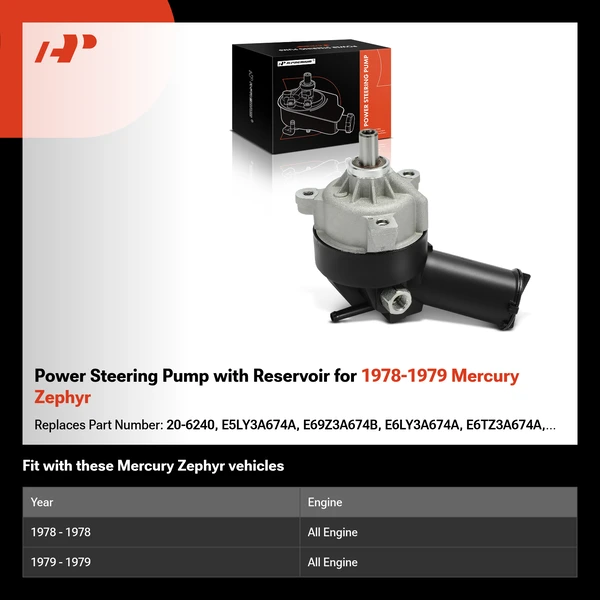 Power Steering Pump with Reservoir for 1978-1979 Mercury Zephyr