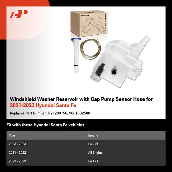 Windshield Washer Reservoir with Cap Pump Sensor Hose for 2021-2023 Hyundai Santa Fe