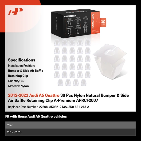 2012-2023 Audi A6 Quattro 30 Pcs Nylon Natural Bumper & Side Air Baffle Retaining Clip A-Premium APRCF2007