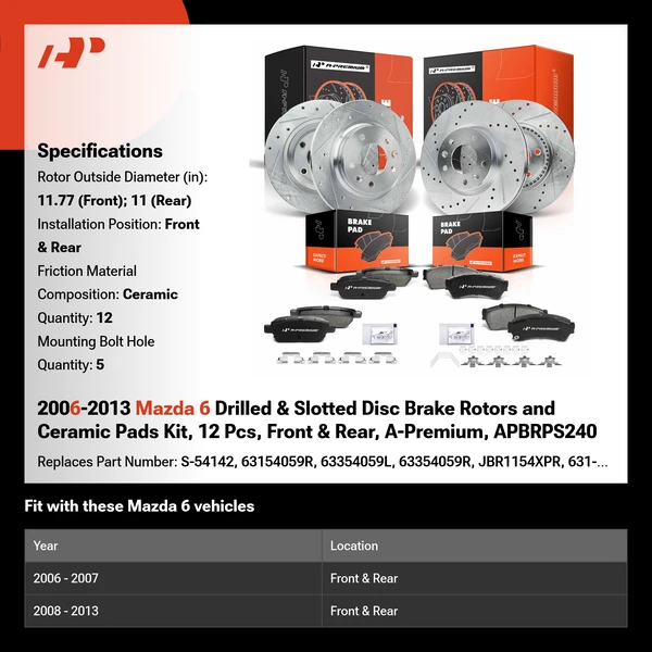 2006-2013 Mazda 6 Drilled & Slotted Disc Brake Rotors and Ceramic Pads Kit, 12 Pcs, Front & Rear, A-Premium, APBRPS240