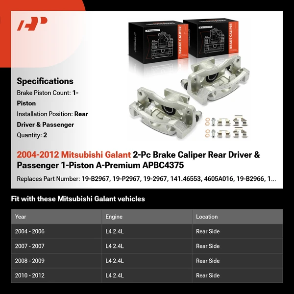 2004-2012 Mitsubishi Galant 2-Pc Brake Caliper Rear Driver & Passenger 1-Piston A-Premium APBC4375