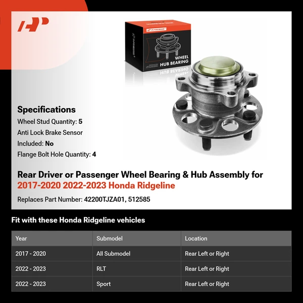 Rear Driver or Passenger Wheel Bearing & Hub Assembly for 2017-2020 2022-2023 Honda Ridgeline