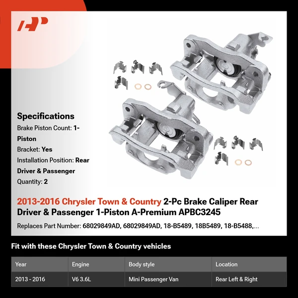 2013-2016 Chrysler Town & Country 2-Pc Brake Caliper Rear Driver & Passenger 1-Piston A-Premium APBC3245