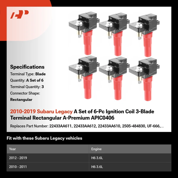 2010-2019 Subaru Legacy A Set of 6-Pc Ignition Coil 3-Blade Terminal Rectangular A-Premium APIC0406