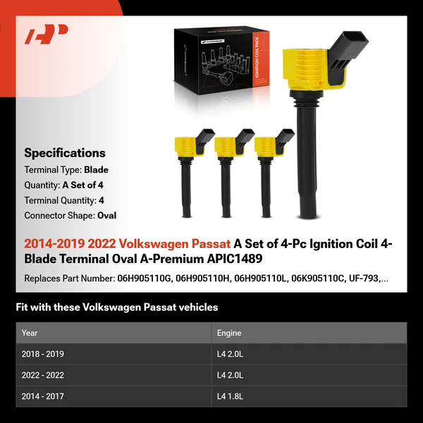 2014-2019 2022 Volkswagen Passat A Set of 4-Pc Ignition Coil 4-Blade Terminal Oval A-Premium APIC1489