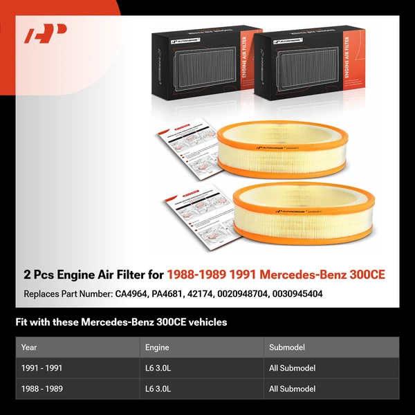 2 Pcs Engine Air Filter for 1988-1989 1991 Mercedes-Benz 300CE