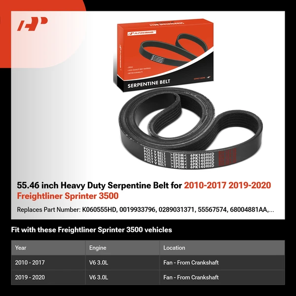 55.46 inch Heavy Duty Serpentine Belt for 2010-2017 2019-2020 Freightliner Sprinter 3500