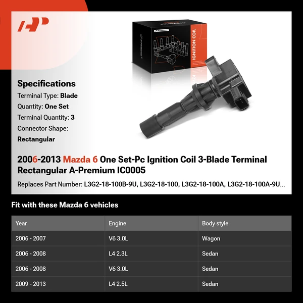 2006-2013 Mazda 6 One Set-Pc Ignition Coil 3-Blade Terminal Rectangular A-Premium IC0005