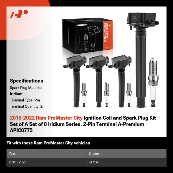 2015-2022 Ram ProMaster City Ignition Coil and Spark Plug Kit Set of A Set of 8 Iridium Series, 2-Pin Terminal A-Premium APIC0775