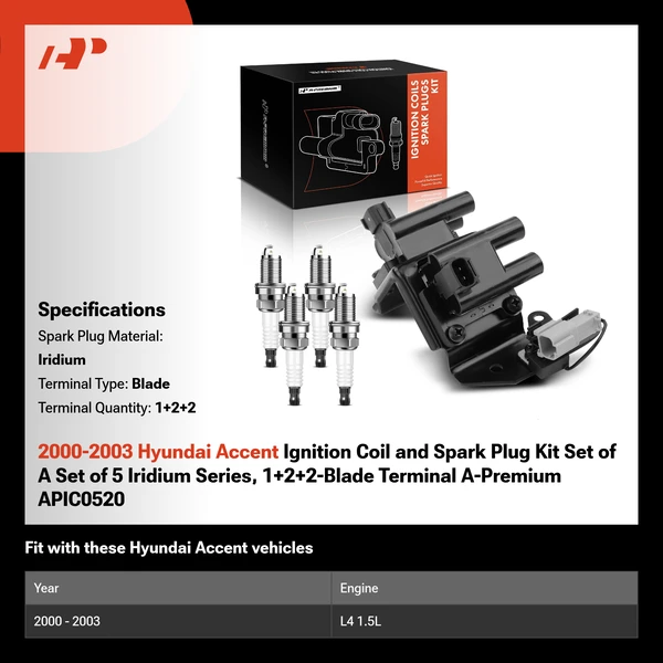 2000-2003 Hyundai Accent Ignition Coil and Spark Plug Kit Set of A Set of 5 Iridium Series, 1+2+2-Blade Terminal A-Premium APIC0520