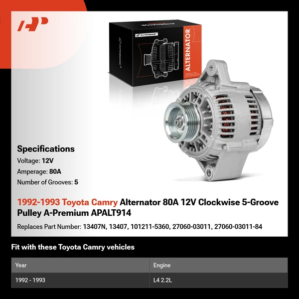 1992-1993 Toyota Camry Alternator 80A 12V Clockwise 5-Groove Pulley A-Premium APALT914