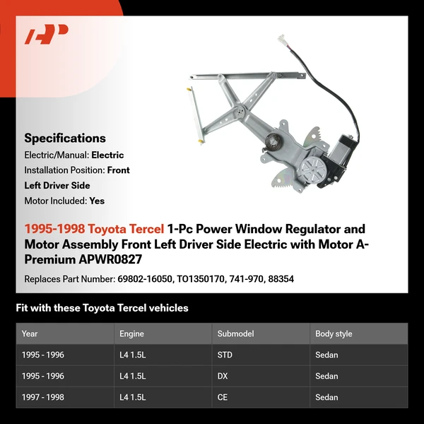 1995-1998 Toyota Tercel 1-Pc Power Window Regulator and Motor Assembly Front Left Driver Side Electric with Motor A-Premium APWR0827