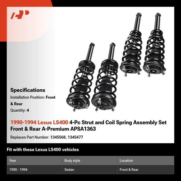 1990-1994 Lexus LS400 4-Pc Strut and Coil Spring Assembly Set Front & Rear A-Premium APSA1363