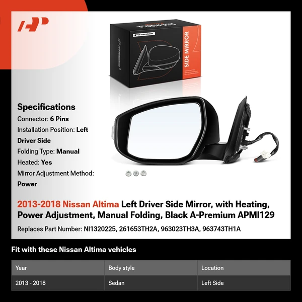 2013-2018 Nissan Altima Left Driver Side Mirror, with Heating, Power Adjustment, Manual Folding, Black A-Premium APMI129