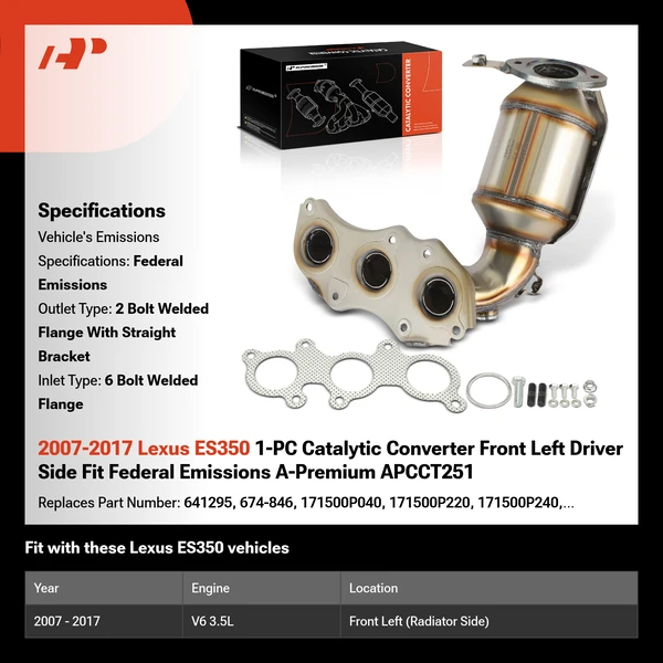 2007-2017 Lexus ES350 1-PC Catalytic Converter Front Left Driver Side Fit Federal Emissions A-Premium APCCT251
